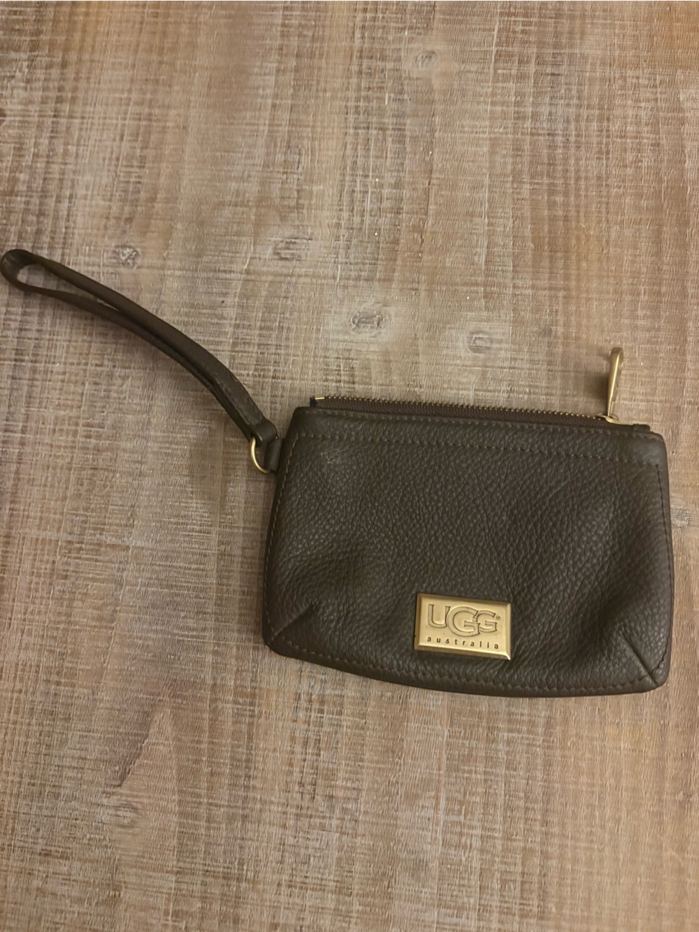UGG Brown Leather Wrist Strap Coin Pouch with Gold Logo